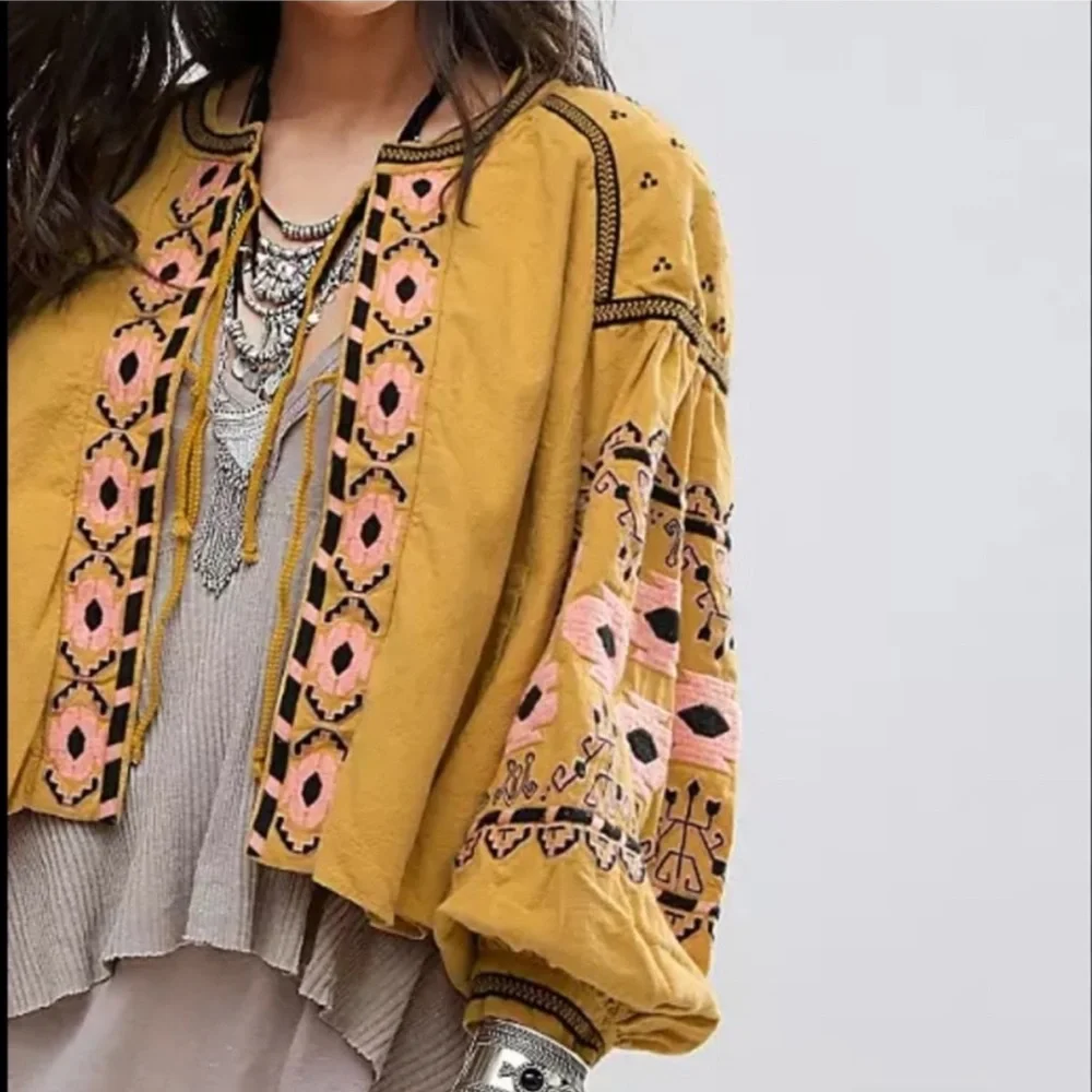 Anthropologie RD + Koko Embroidered Yellow Bohemian Jacket - Picture 4 of 7
